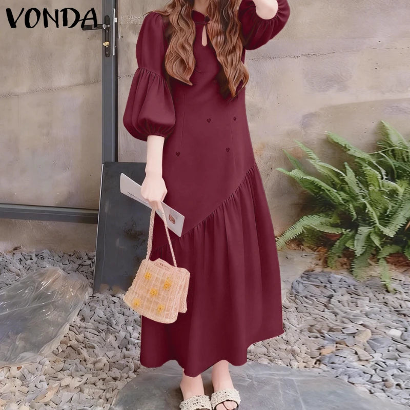 Women’s Printed Maxi Dress – Stand Collar Lantern Sleeve
