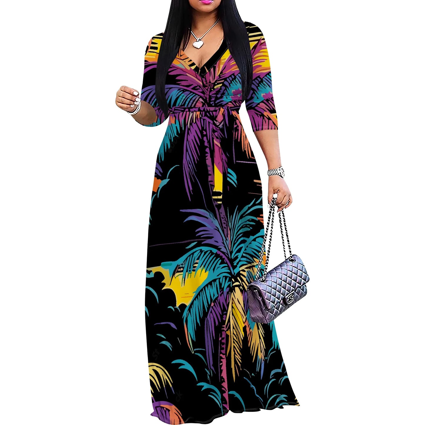 Women’s Floral Print Maxi Dress – V-Neck 3/4 Sleeve Summer Gown