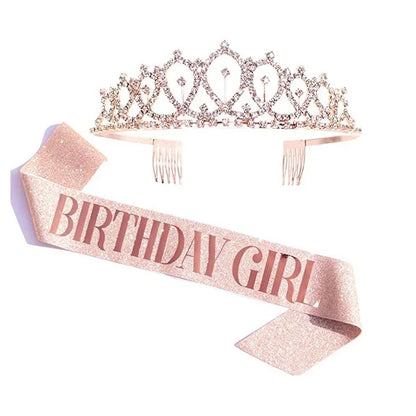 Bling Rhinestone Crystal Crown Tiara with Birthday Satin Sash