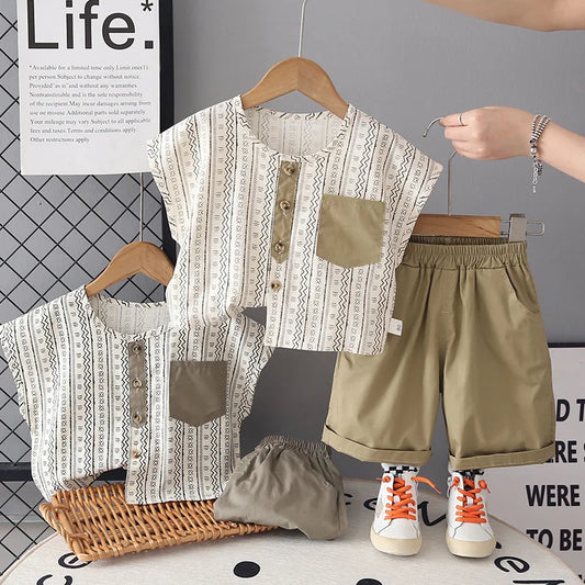 Kids Summer Wave Stripe Outfit Set – T-Shirt & Shorts (2-Piece Boys Wear)