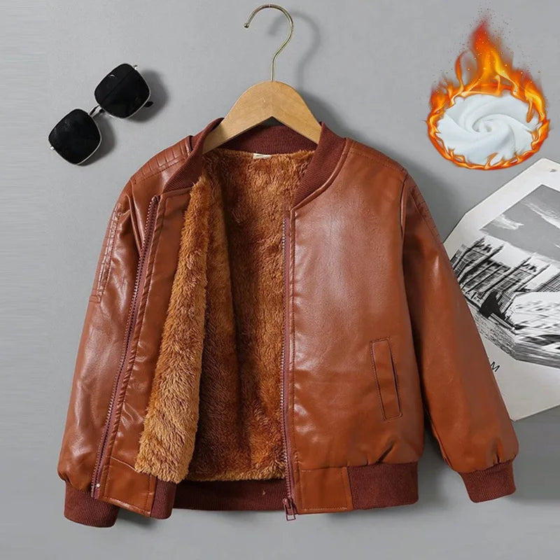 Premium Kids Plus Velvet PU Leather Winter Jacket (2–14Y)