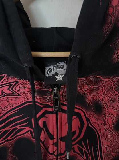 🔥 Men’s Skull Print Zip Up Hoodie – Black & Red Streetwear
