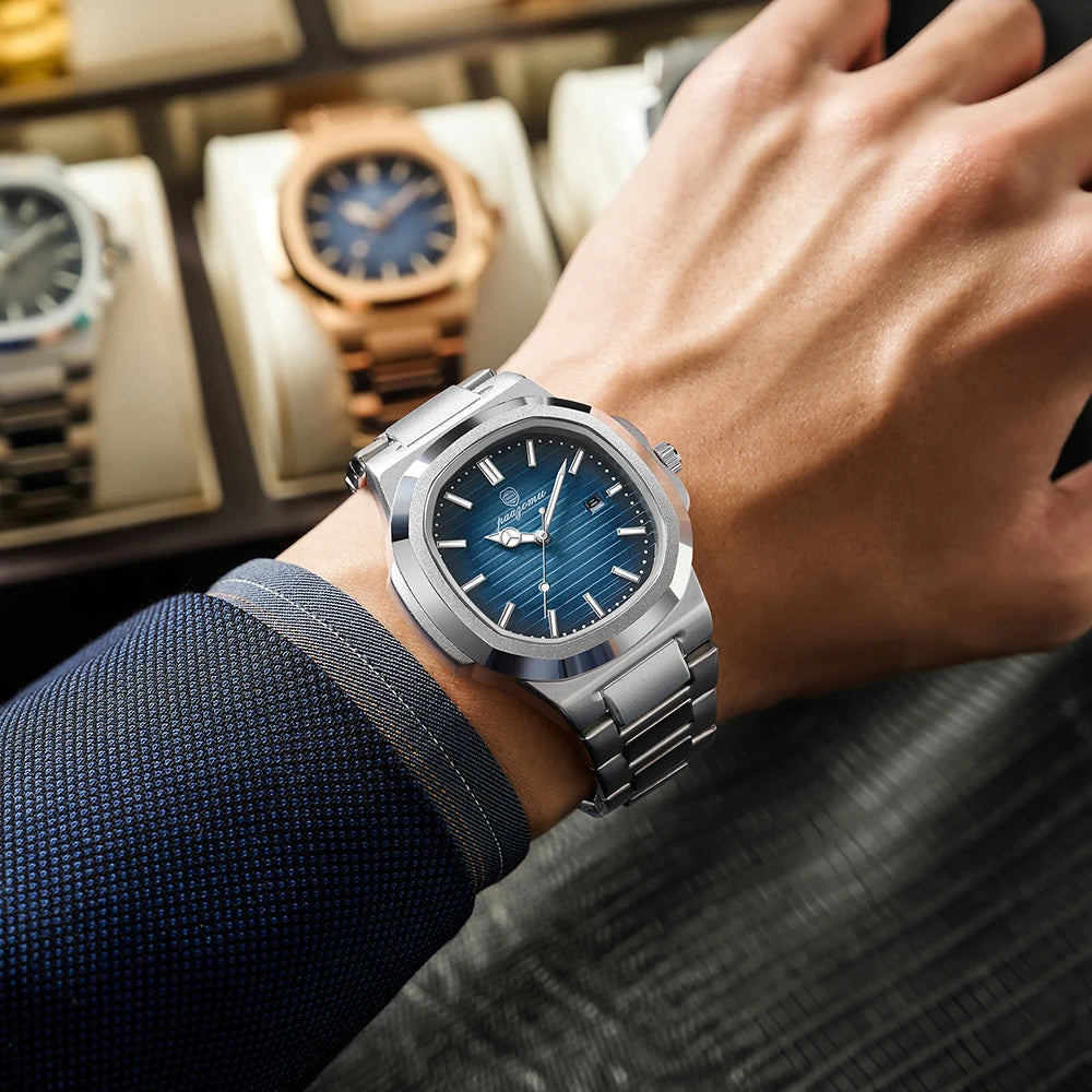 Men’s Square Quartz Watch – Stainless Steel Waterproof Wristwatch
