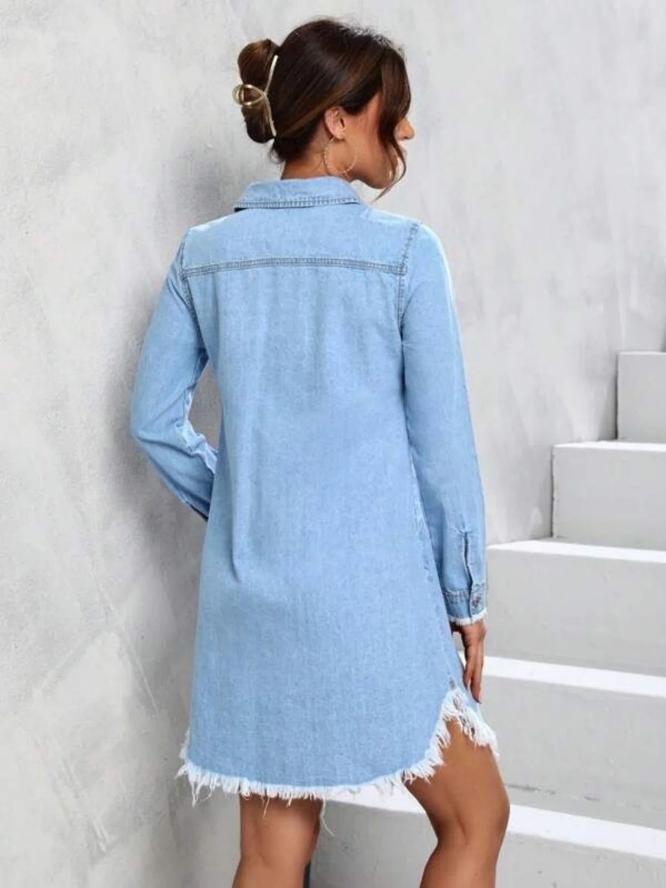 Blue Denim Long Sleeve Loose Fit Casual Shirt Dress for Women