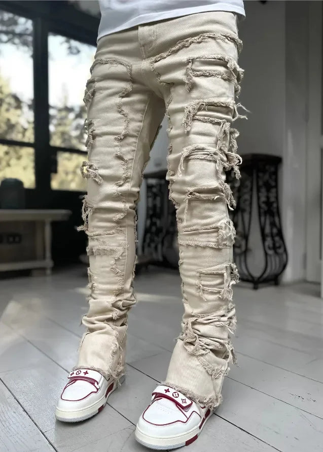 Men’s Ripped Stacked Jeans – Slim Fit Distressed Denim Pants