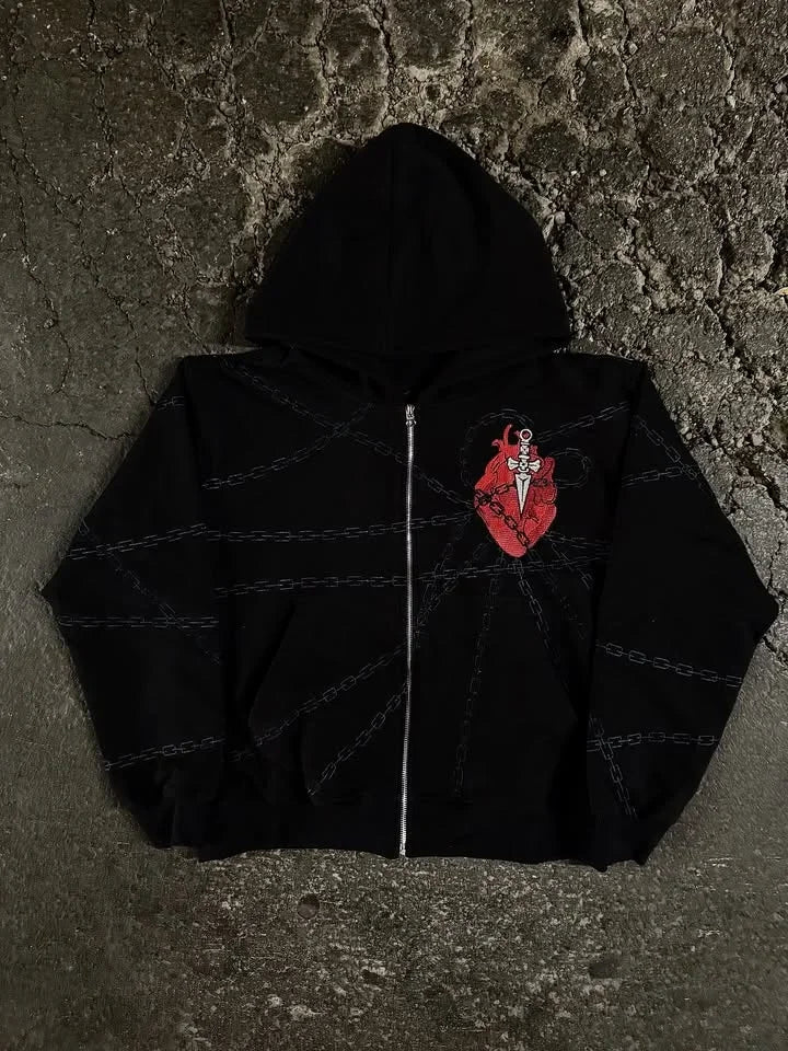 Vintage Skull Zip-Up Hoodie – Y2K Streetwear Sweatshirt for Men