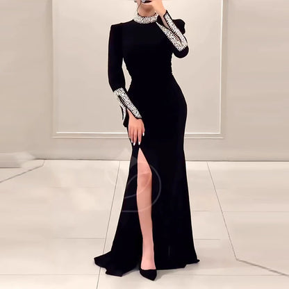 Women’s Rhinestone Patchwork Dress – Long Sleeve Elegant Banquet Outfit