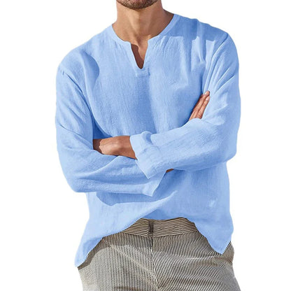 Men’s Cotton Linen V-Neck Casual Long Sleeve Shirt