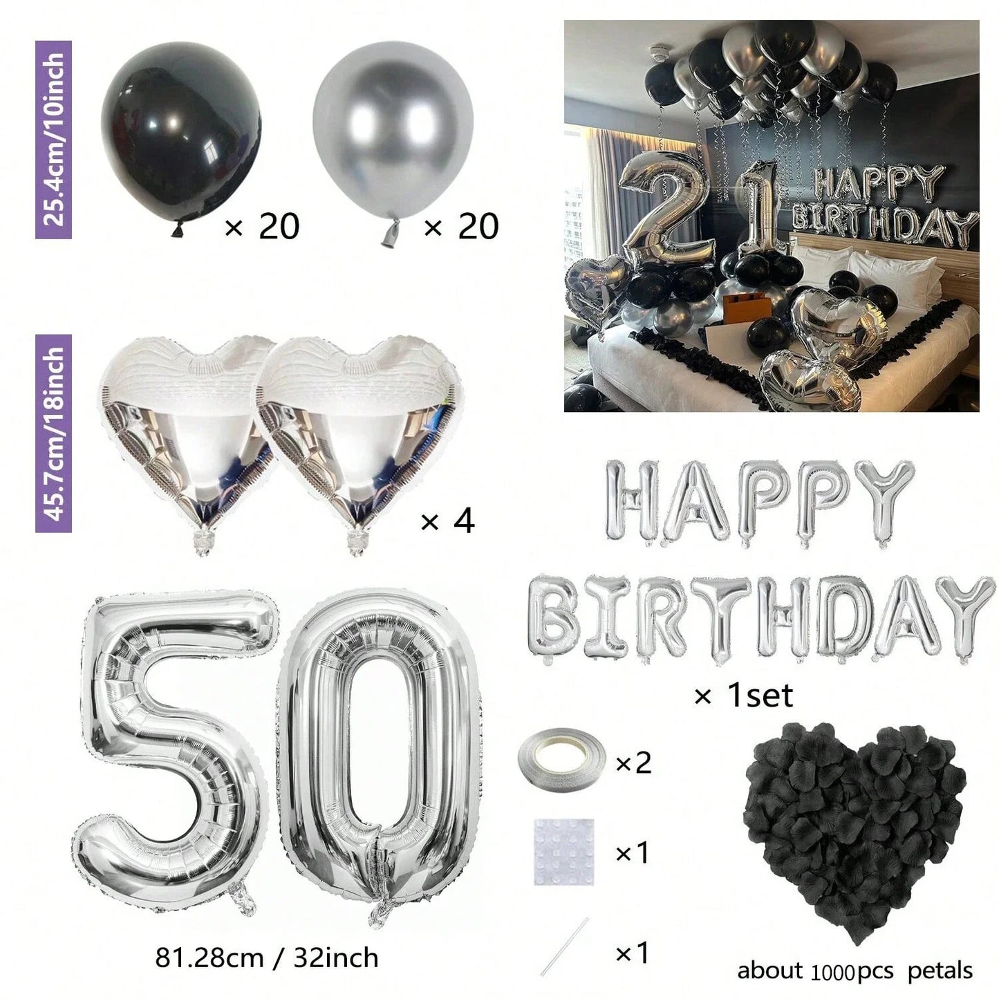 Black & Silver Birthday Balloon Decoration Set – 1050pcs Party Kit