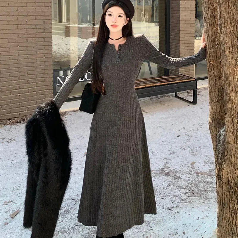 Women High-Waist Knit Long Dress 👗 | Warm Elegant Winter Wear