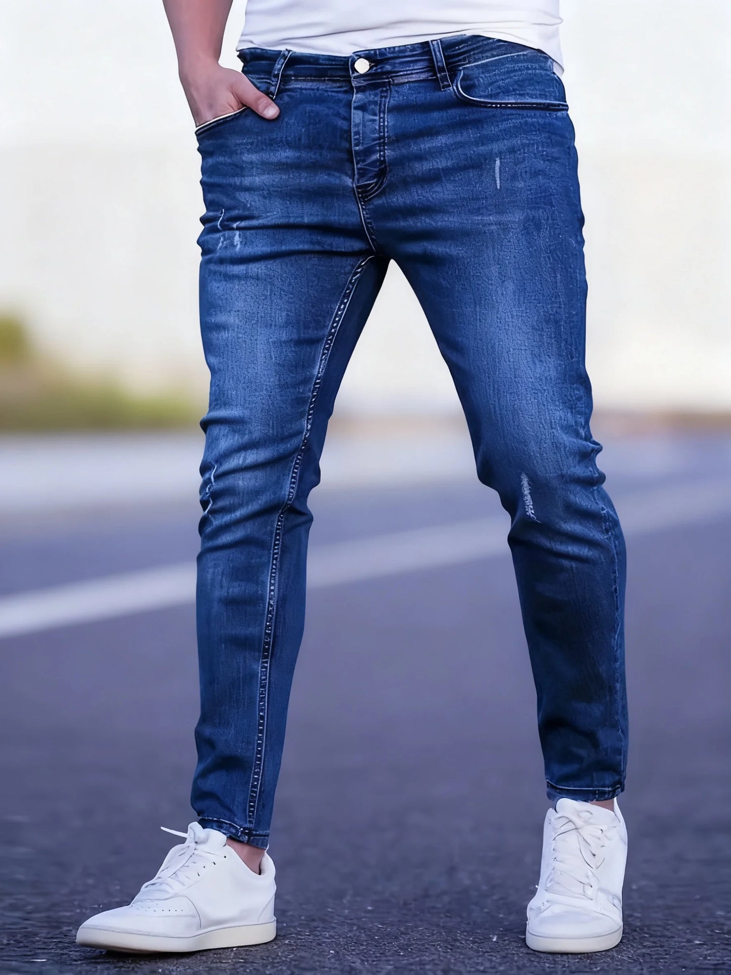 🔥 Men’s Slim Fit Ripped Jeans – Blue Casual Denim Pants