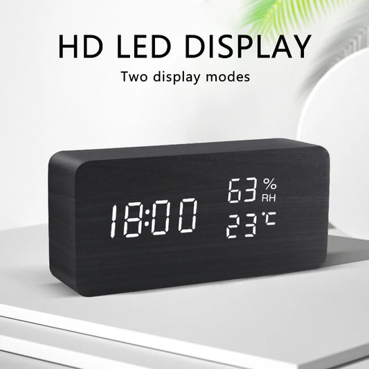 LED Wooden Digital Alarm Clock – Voice Control Table Clock