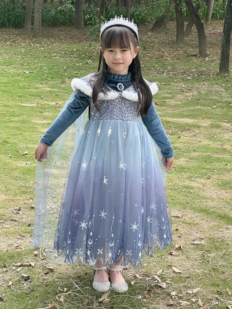 Girls Blue Velvet Princess Dress with Cape