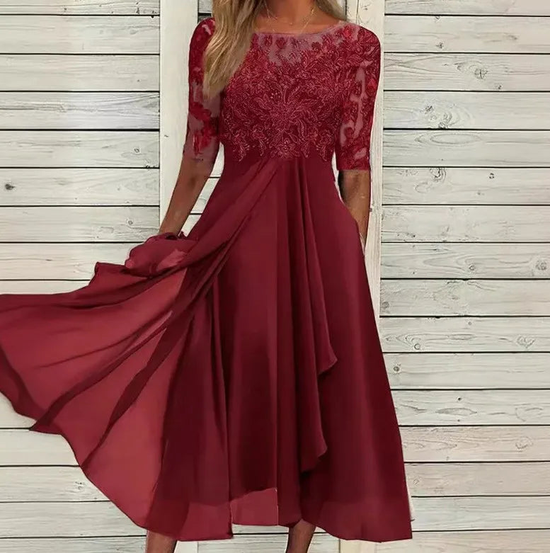 🌍 Glomexia Fashion – Elegant O-Neck Chiffon Lace Dress 👗