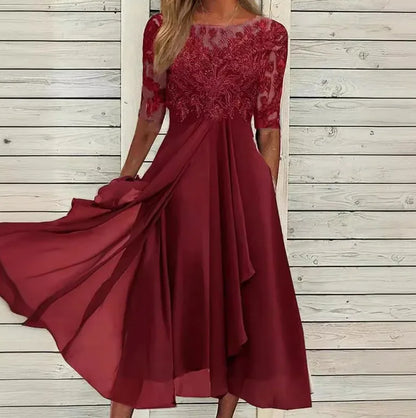 🌍 Glomexia Fashion – Elegant O-Neck Chiffon Lace Dress 👗