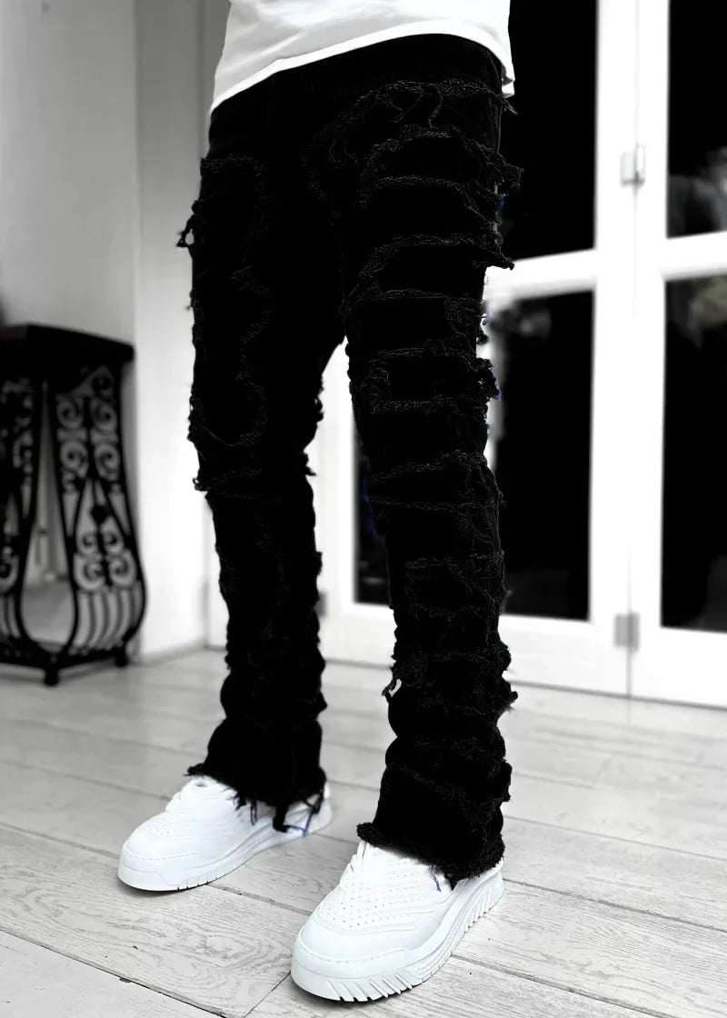 Men’s Ripped Stacked Jeans – Slim Fit Distressed Denim Pants