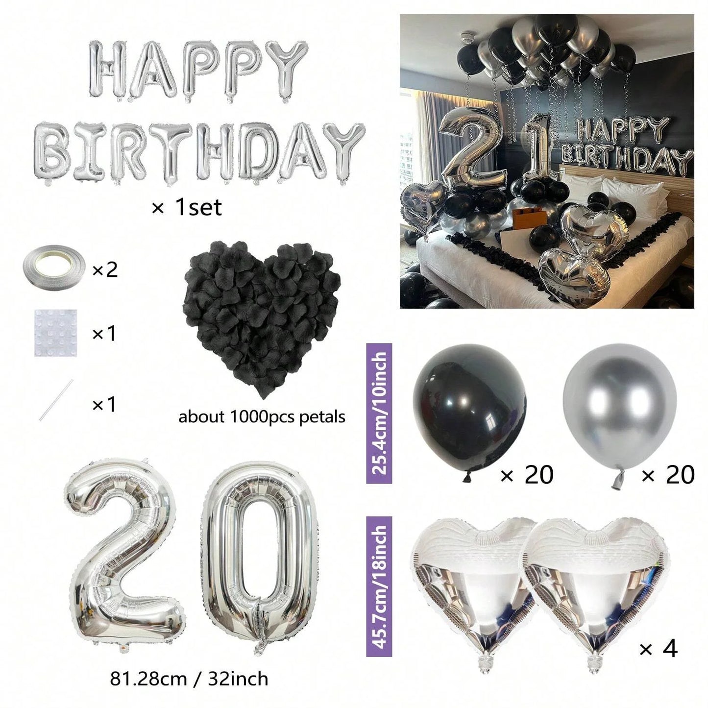 Black & Silver Birthday Balloon Decoration Set – 1050pcs Party Kit