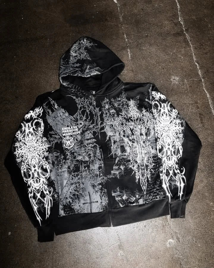 Vintage Skull Zip-Up Hoodie – Y2K Streetwear Sweatshirt for Men