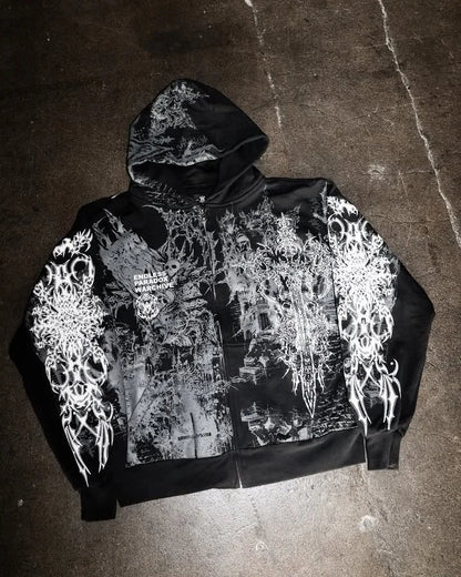 Vintage Skull Zip-Up Hoodie – Y2K Streetwear Sweatshirt for Men