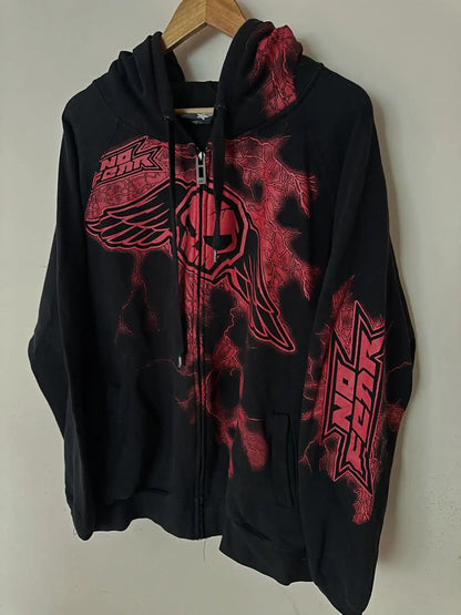 🔥 Men’s Skull Print Zip Up Hoodie – Black & Red Streetwear