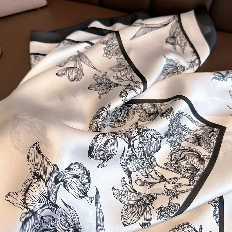 Premium 70x70cm Floral Silk Satin Scarf – Luxury Women’s Square Wrap