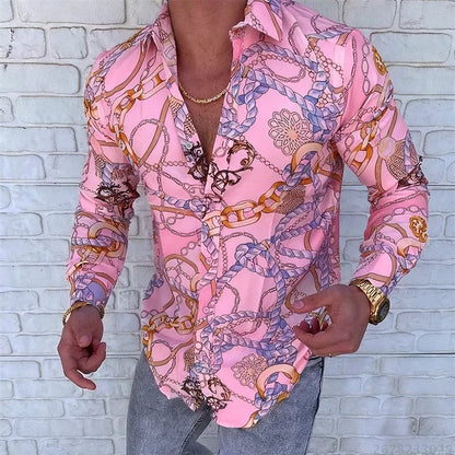Men’s Luxury Chain Print Slim Fit Long Sleeve Shirt