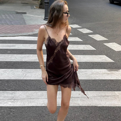 🌍 Glomexia – Women’s Lace Asymmetric Slip Dress | Sleeveless Backless Mini Party Dress 💃✨