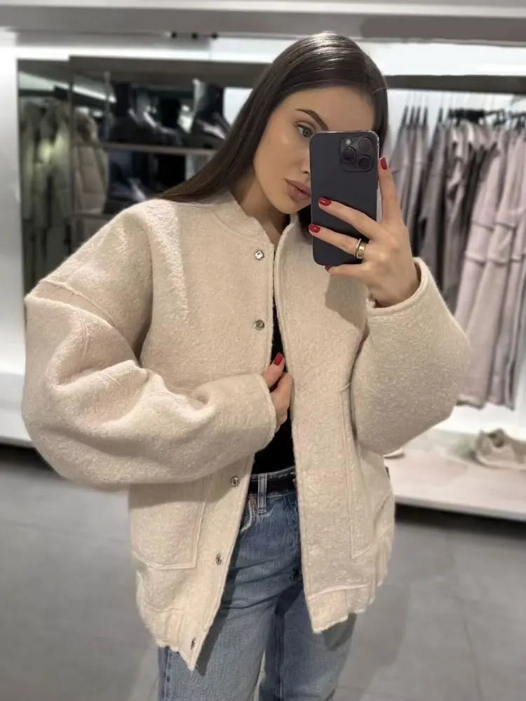 Women Oversized Bomber Jacket 🖤 | Vintage Snap Button Coat