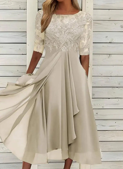 🌍 Glomexia Fashion – Elegant O-Neck Chiffon Lace Dress 👗
