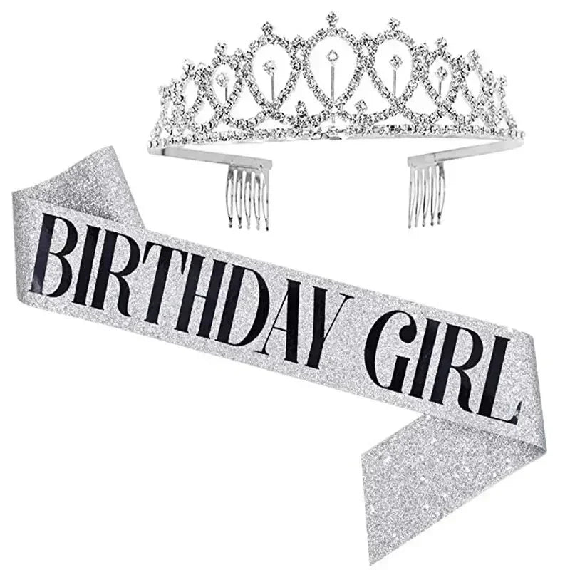 Bling Rhinestone Crystal Crown Tiara with Birthday Satin Sash