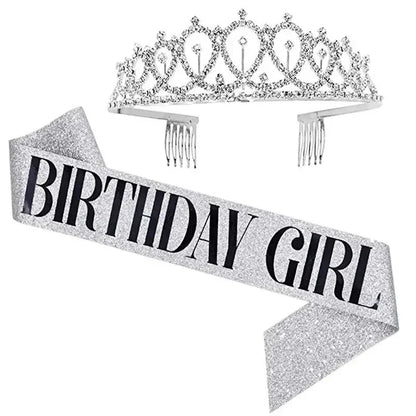 Bling Rhinestone Crystal Crown Tiara with Birthday Satin Sash