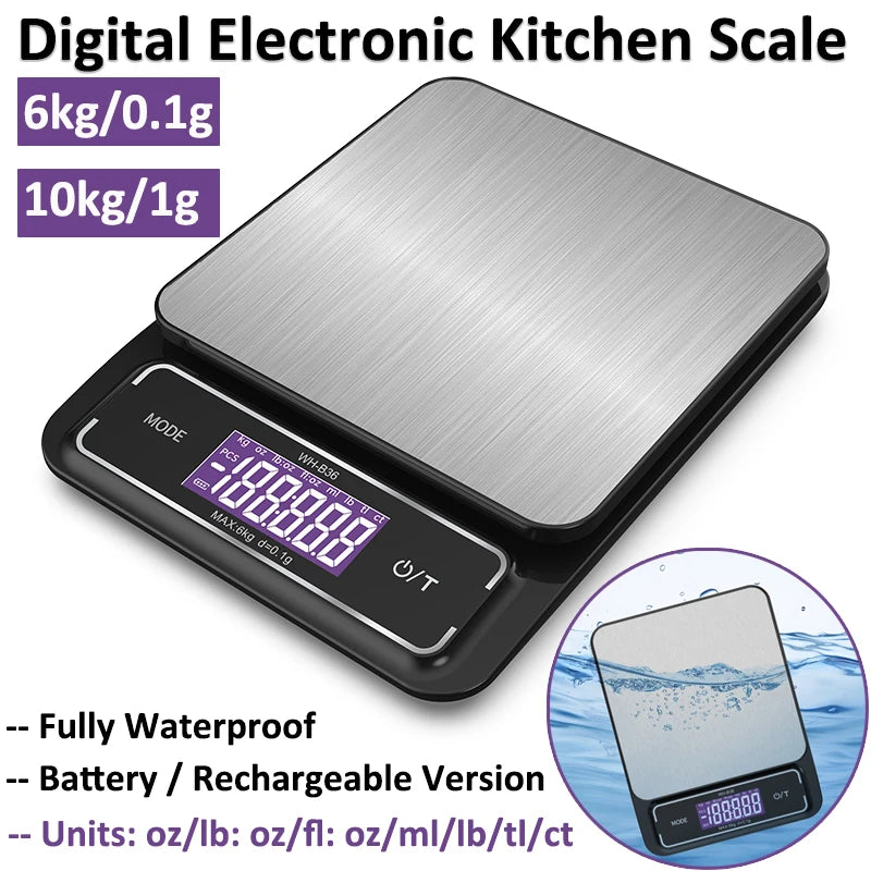Waterproof Digital Kitchen Scale 6kg/10kg – Stainless Steel LCD Food Weighing Scale