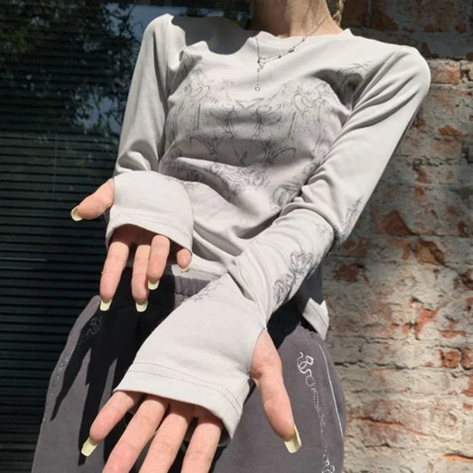 🖤 Y2K Vintage Long Sleeve T-Shirt – Women’s O-Neck Printed Crop Top