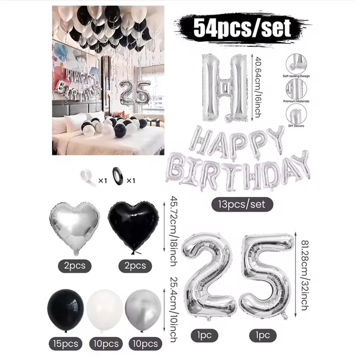 Black & White Balloon Decoration Set with Silver Banner (30/54pcs)