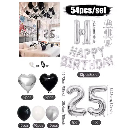 Black & White Balloon Decoration Set with Silver Banner (30/54pcs)