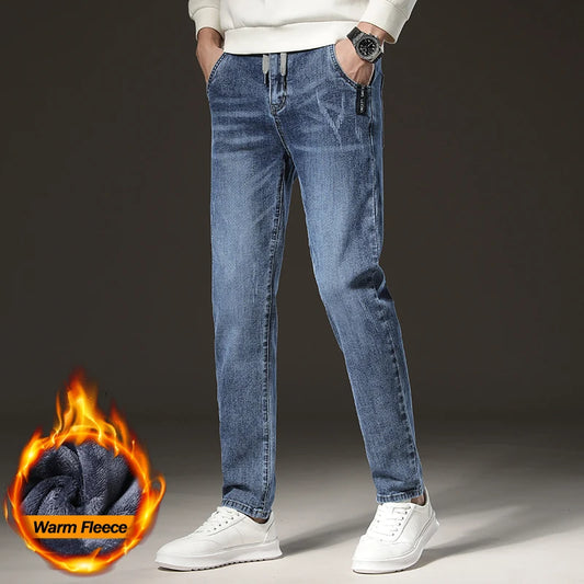 ❄️ Men’s Winter Fleece Jeans – Slim Straight Light Blue Denim