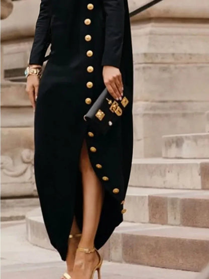 ✨ High Neck Black Maxi Dress – Button Split Office Evening Gown