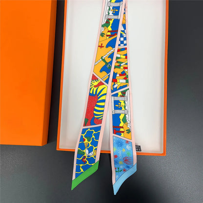 🧣 Glomexia Printed Silk Hair Scarf – Elegant Slim Fashion Wrap ✨