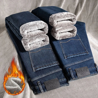 🔥 Men’s Winter Fleece Jeans – Slim Fit Business Casual Denim Pants
