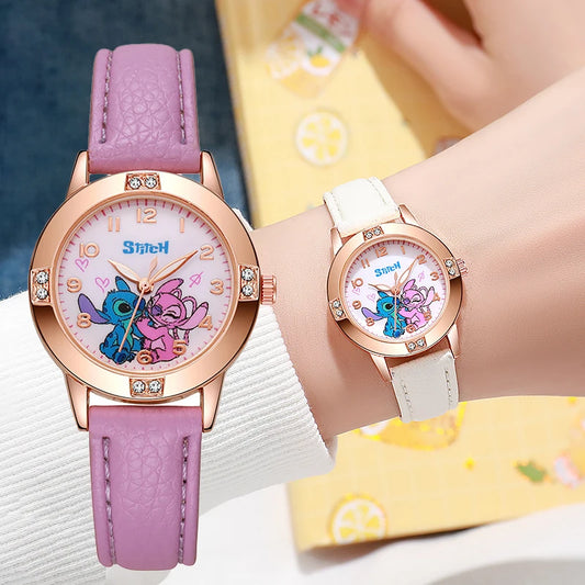 Girls Cartoon Watch – Leather Strap Kids Rhinestone Dial