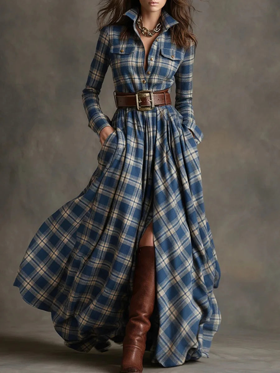 Owner Girl Plaid Long Dress 👗 | Trendy A-Line Button Style Women’s Wear