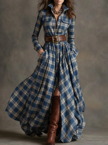 Owner Girl Plaid Long Dress 👗 | Trendy A-Line Button Style Women’s Wear