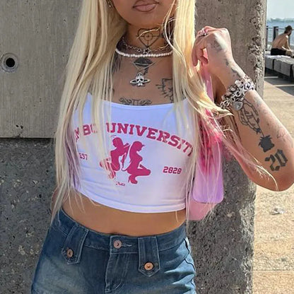 Women’s Sleeveless Letter Print Crop Top 🔥 Slim Fit Club Tee