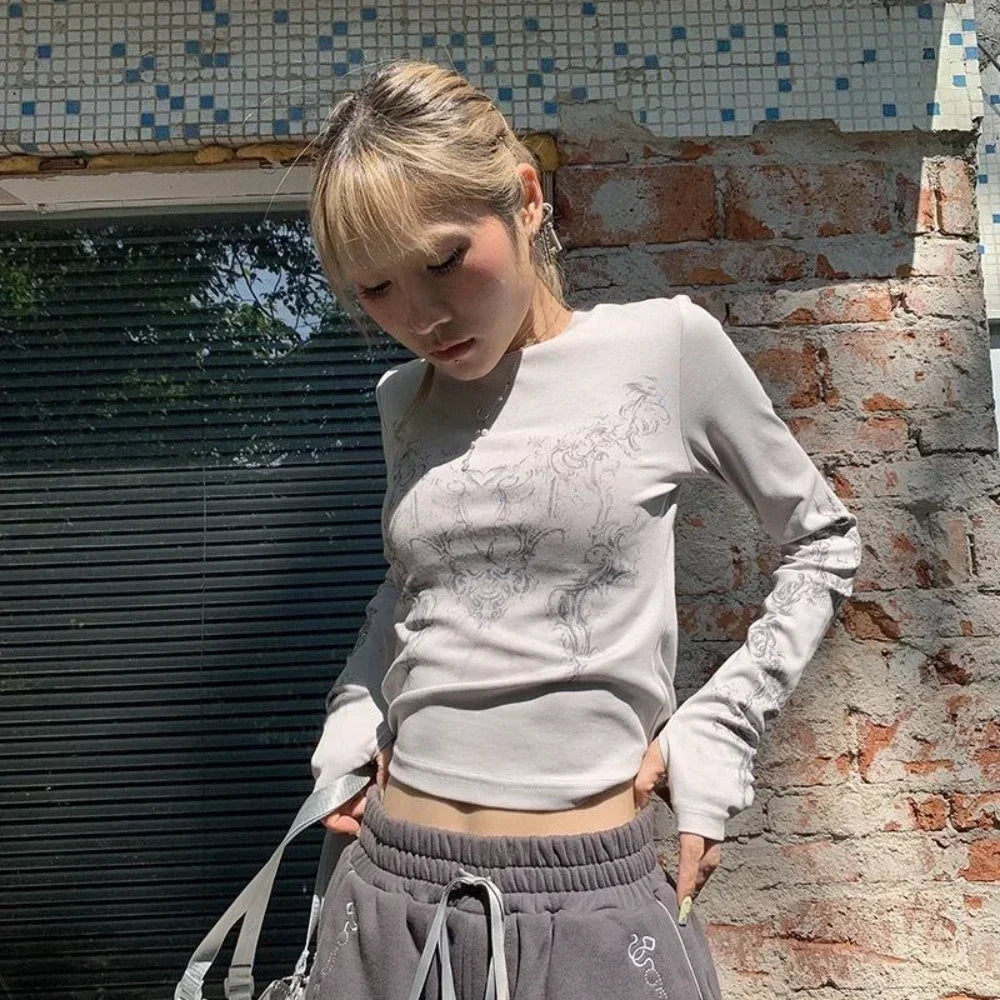 🖤 Y2K Vintage Long Sleeve T-Shirt – Women’s O-Neck Printed Crop Top