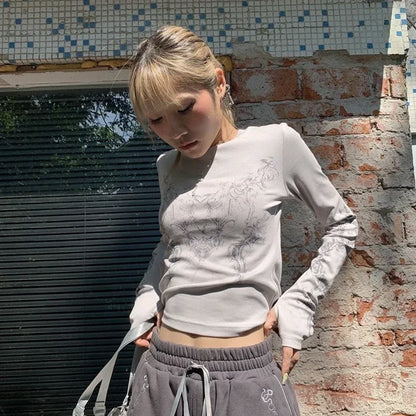 🖤 Y2K Vintage Long Sleeve T-Shirt – Women’s O-Neck Printed Crop Top