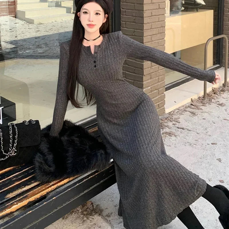 Women High-Waist Knit Long Dress 👗 | Warm Elegant Winter Wear