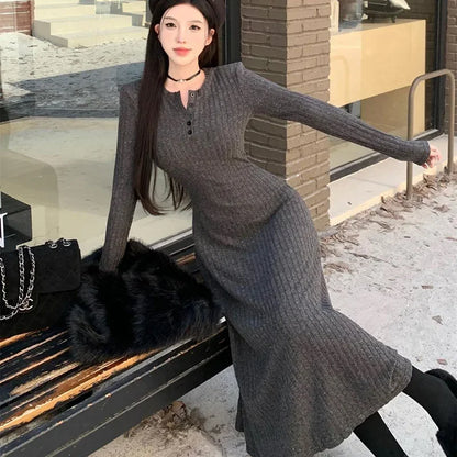 Women High-Waist Knit Long Dress 👗 | Warm Elegant Winter Wear