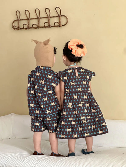 👧👦 Matching Sibling Summer Set – Girls Dress & Boys Cartoon Shirt