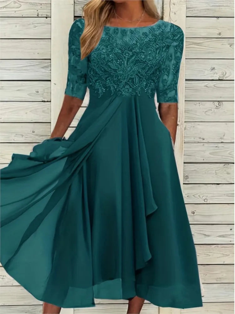 🌍 Glomexia Fashion – Elegant O-Neck Chiffon Lace Dress 👗