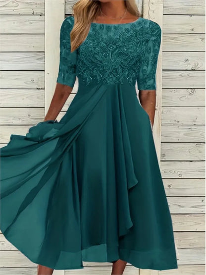🌍 Glomexia Fashion – Elegant O-Neck Chiffon Lace Dress 👗